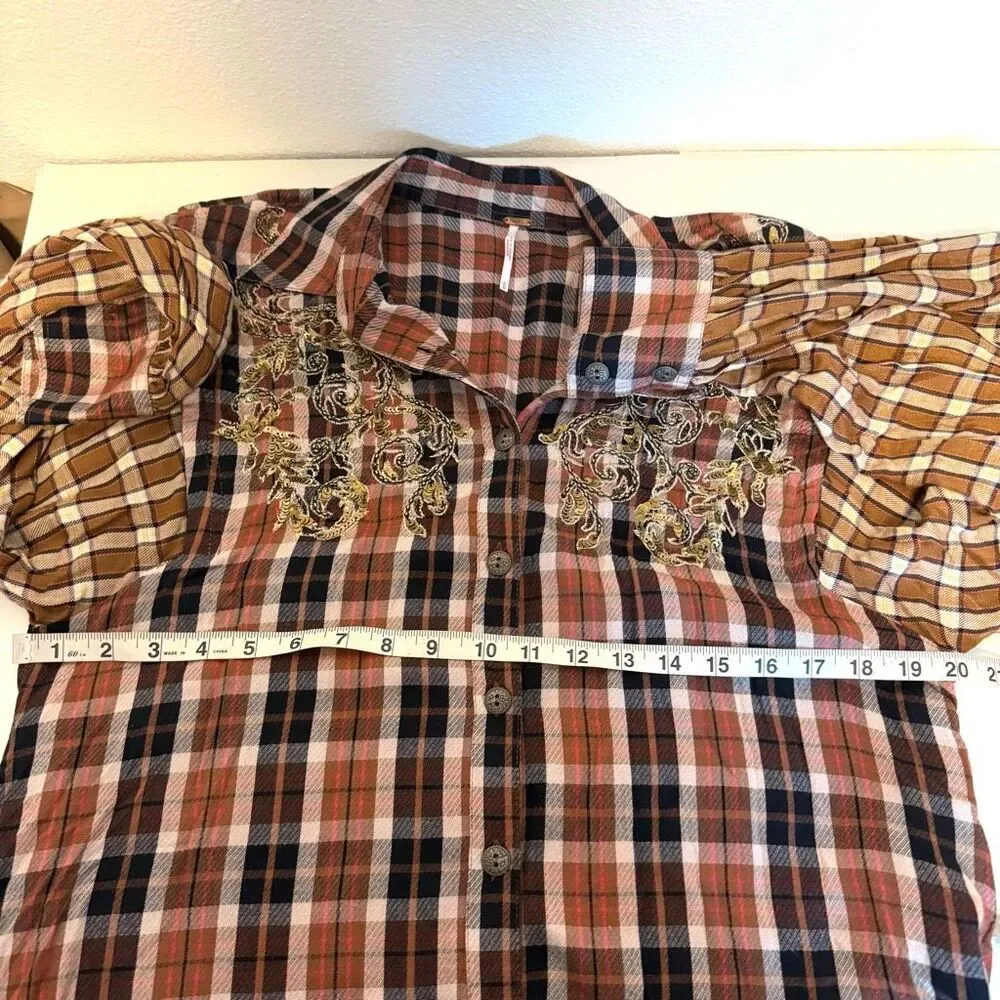 Free People‎ Copper Plaid Long Sleeve Blouse Size Medium NWT